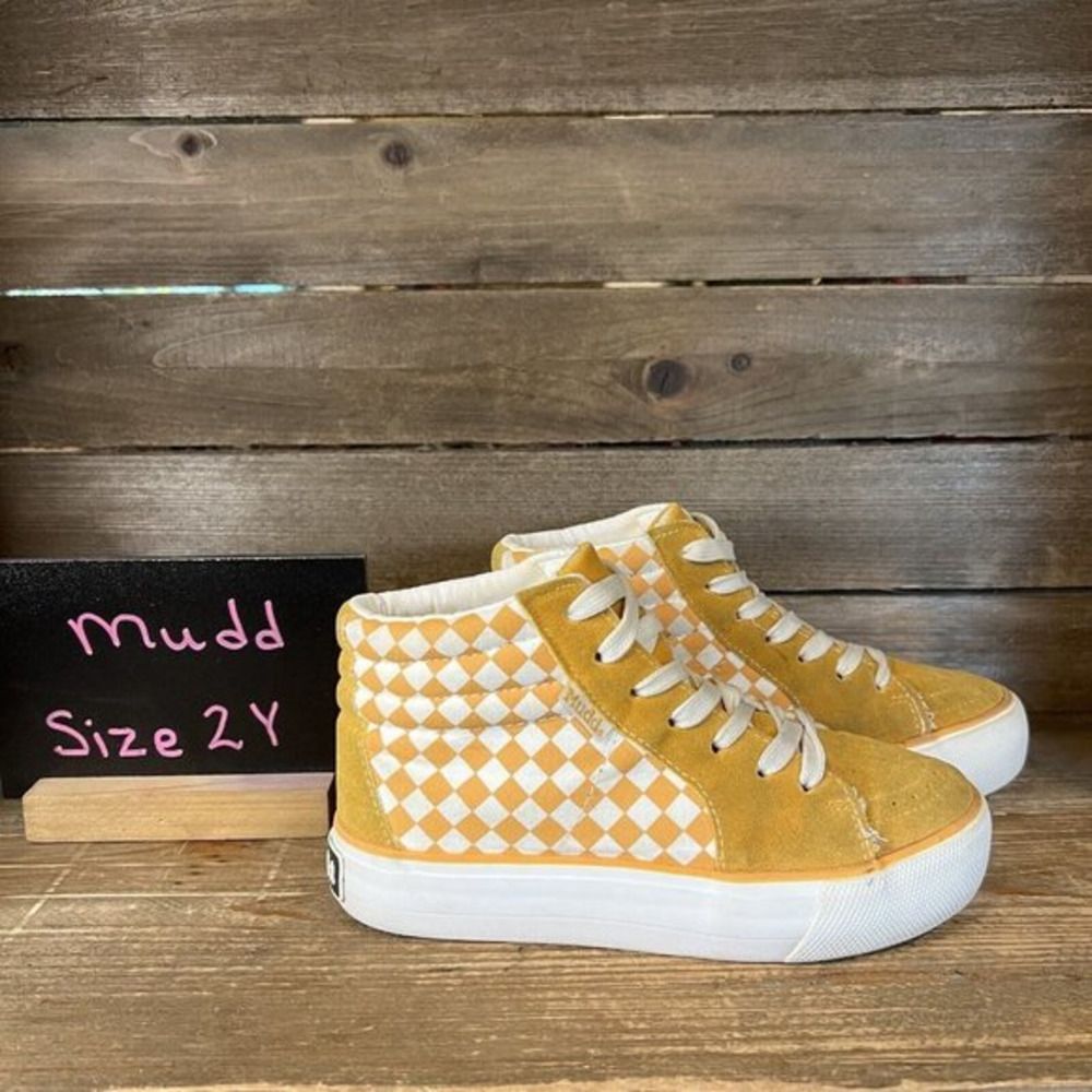 Kids Childrens Mudd Poppy Y2K Yellow Check High Top Shoes Sneakers Size‎ 2 Y GUC